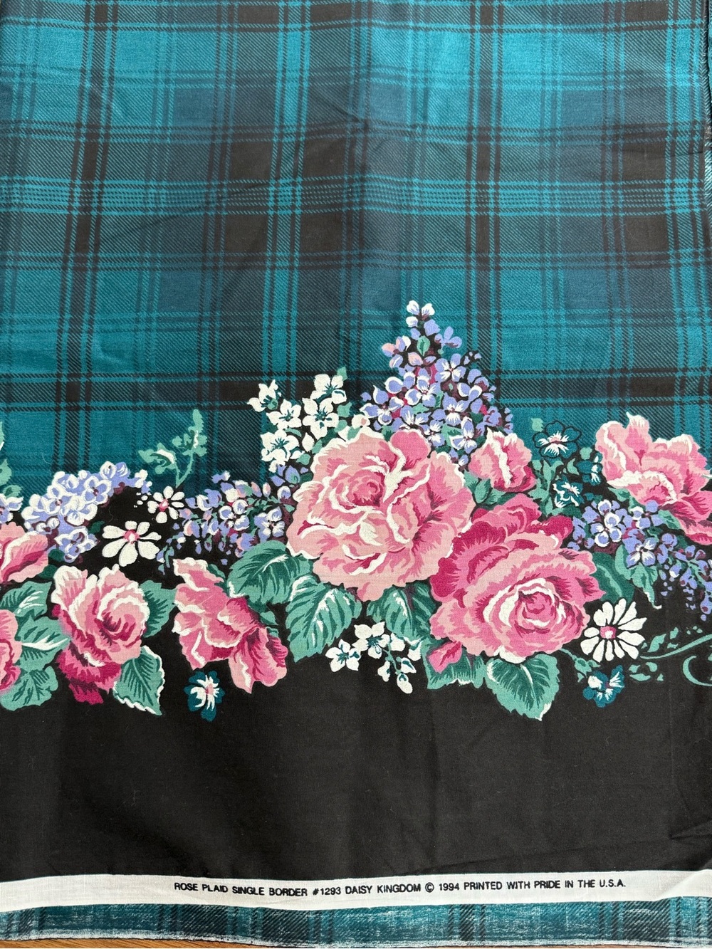 Daisy Kingdom Rose Plaid Border #1293 Teal Black Cotton Fabric 65"L x 45"W 1994
